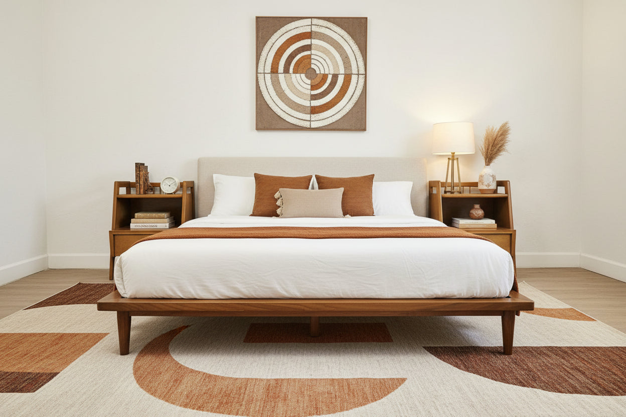 Kent Coffey nightstands in AI bedroom sample