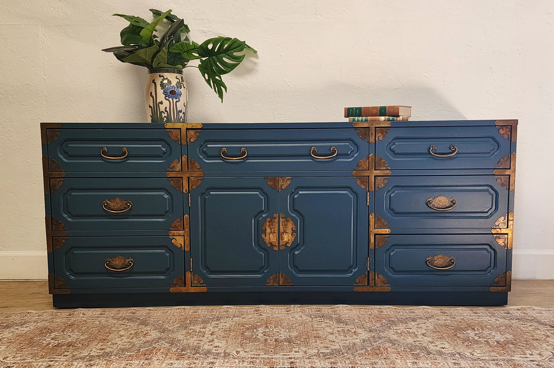 Stunning campaign Chinoiserie style wood dresser by Bernhardt.