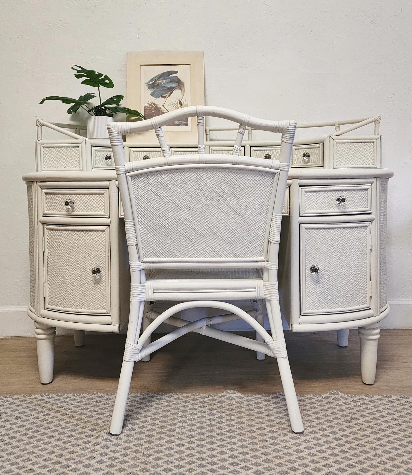Vintage White Rattan Oval Desk-Palm Beach Refreshed Wicker Cane Bentwood Galleried Floatable Desk & Chair