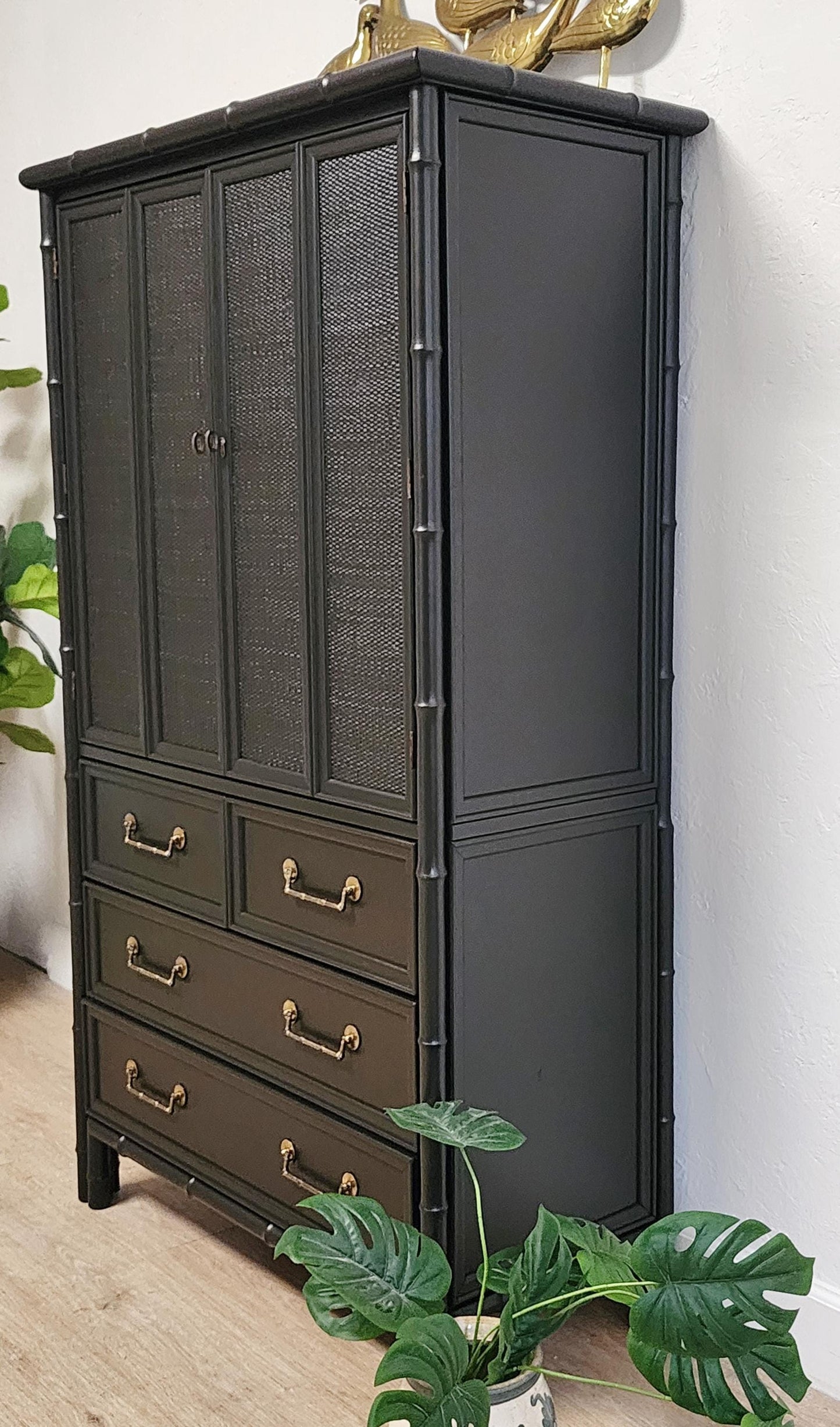 BLACK Coastal Faux Bamboo Armoire-  Chinoiserie MCM Palm Beach Regency Black Cane Gentleman's Chest, Bar, Media Cabinet