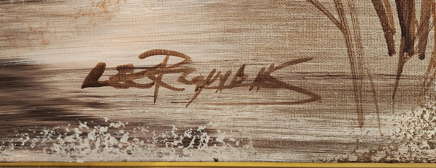 LEE Reynolds Birds w/ Bamboo  MCM Vanguard Studios Asian Nature LARGE Vertical Painting, Earth Tones Vintage Reynolds