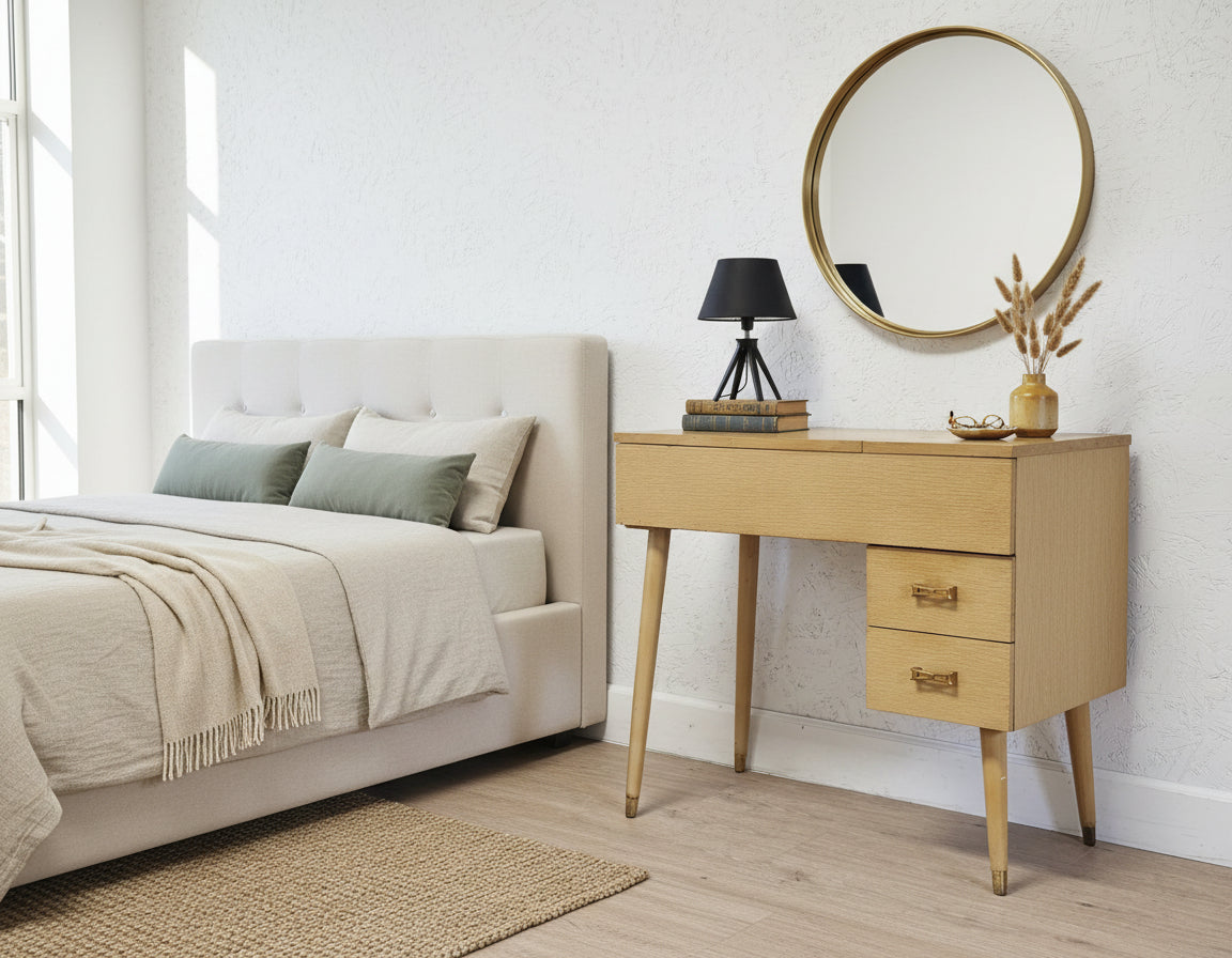 AI Staged Blonde MCM Sewing table as nightstand