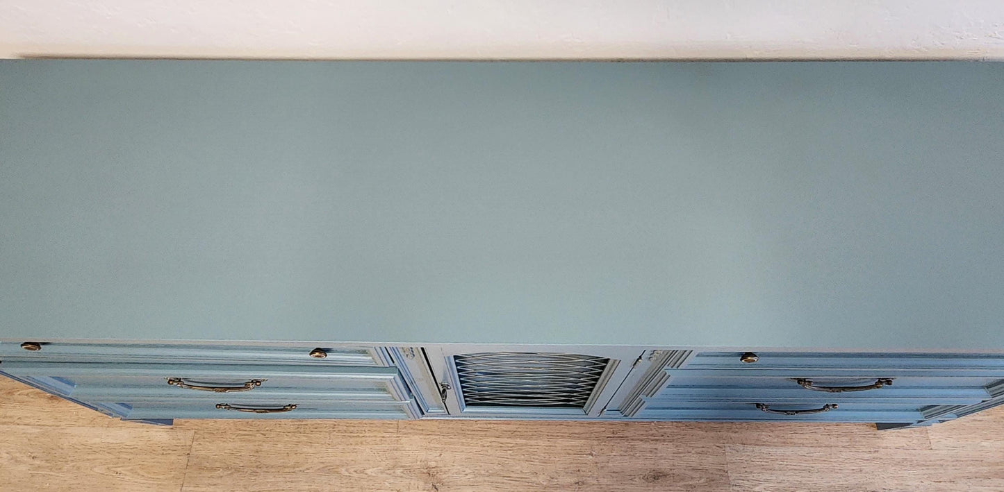 French Blue Vintage Console Dresser-Romantic Blue & Gilt Media Credenza MCM Basic Witz Buffet