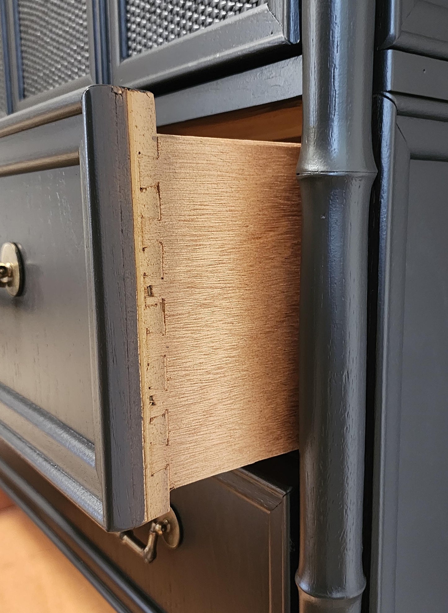 BLACK Coastal Faux Bamboo Armoire-  Chinoiserie MCM Palm Beach Regency Black Cane Gentleman's Chest, Bar, Media Cabinet