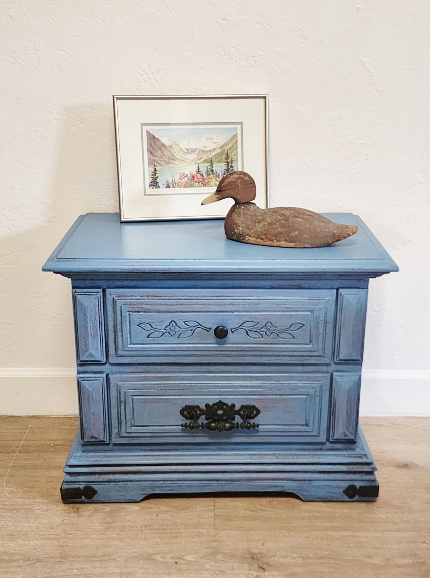 Rustic Blue Pair Nightstands-Farmhouse Shabby Painted End Tables-Primitive Painted Aged 2 Drawer Chest Set