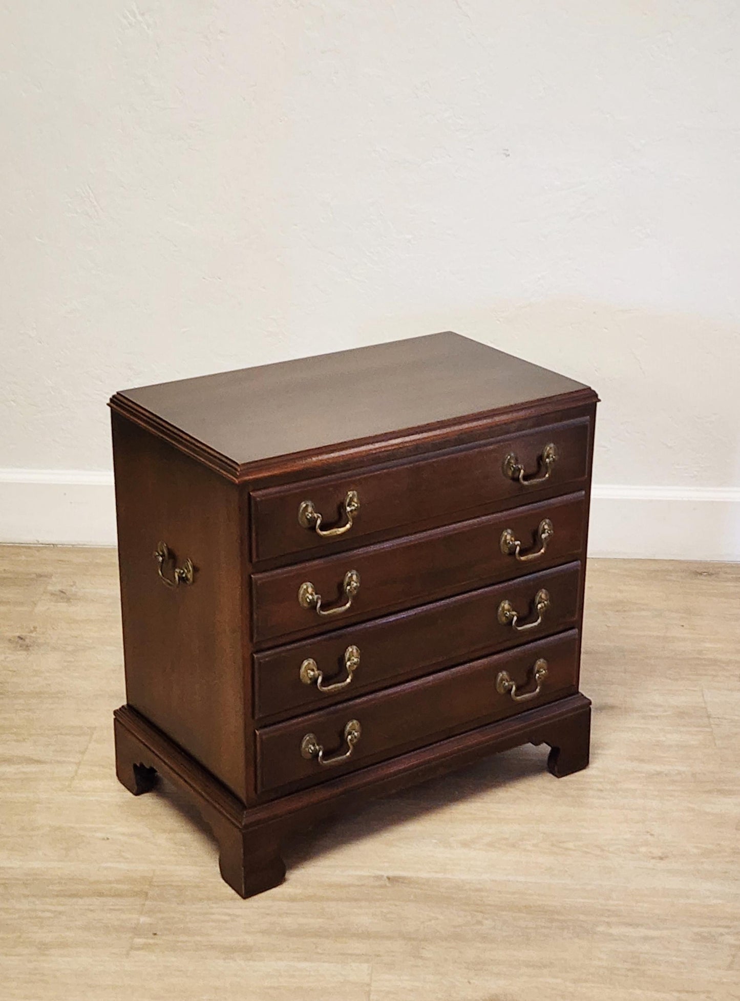 Petite Ethan Allen Georgian Bedside Chest-Traditional 4 Drawer Silver Chest, Nightstand With Brass Handles, Chairside End Table 11-3005