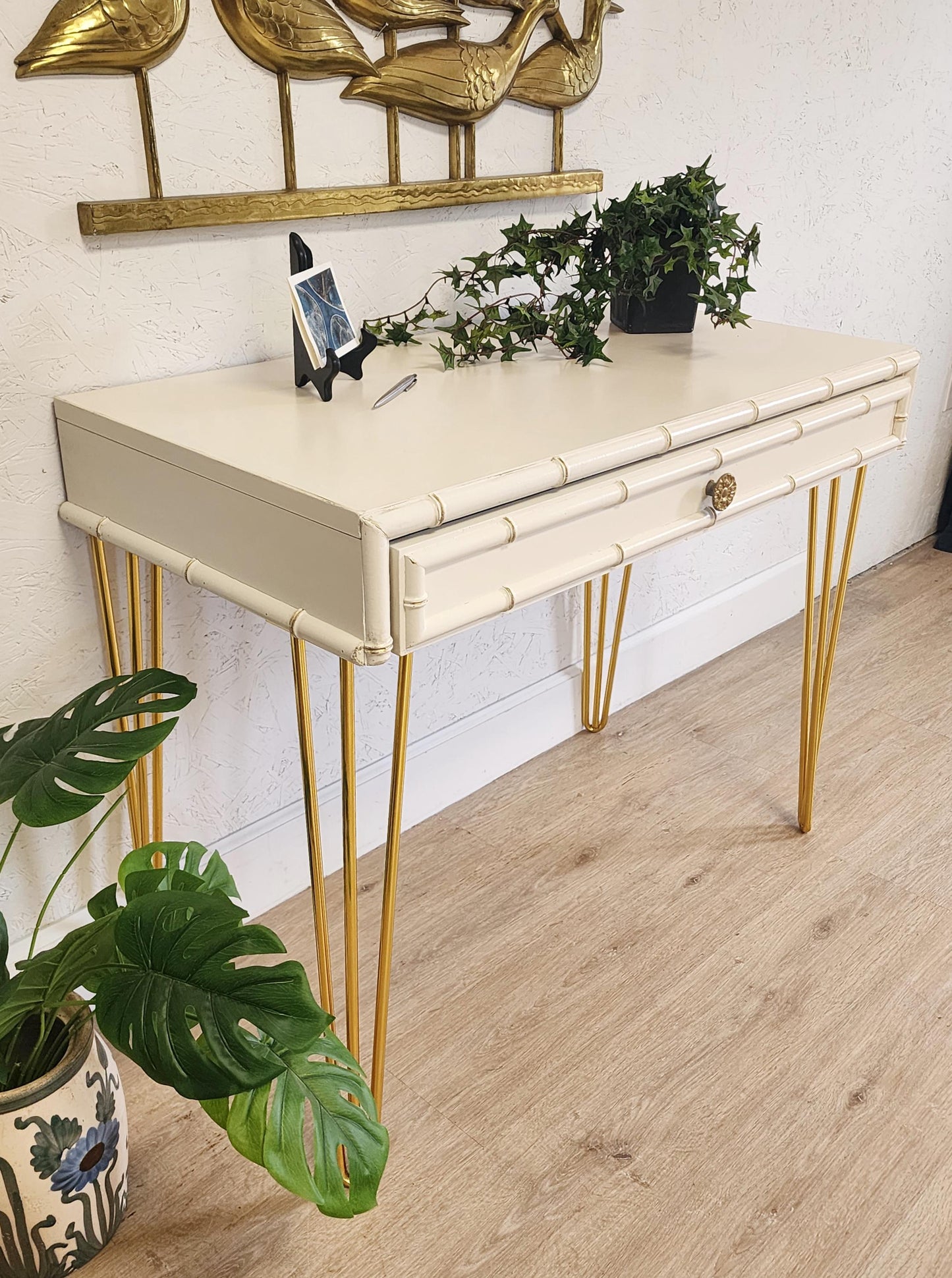 Dixie Aloha Writing Desk, Upcycled Dixie Faux Bamboo & Gold Desk Chair Set, MCM Hairpin Bamboo Console Desk, Hollywood Regency Vanity Desk