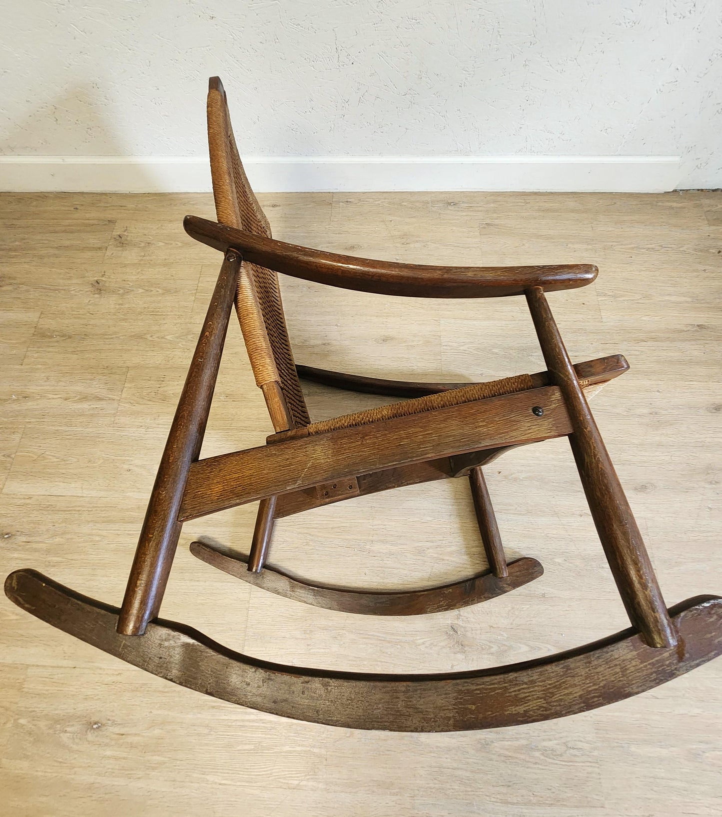 Wegner Style Rope Rocking Chair, Woven Rocker, Yugoslavian Twisted Cord Rocking Chair