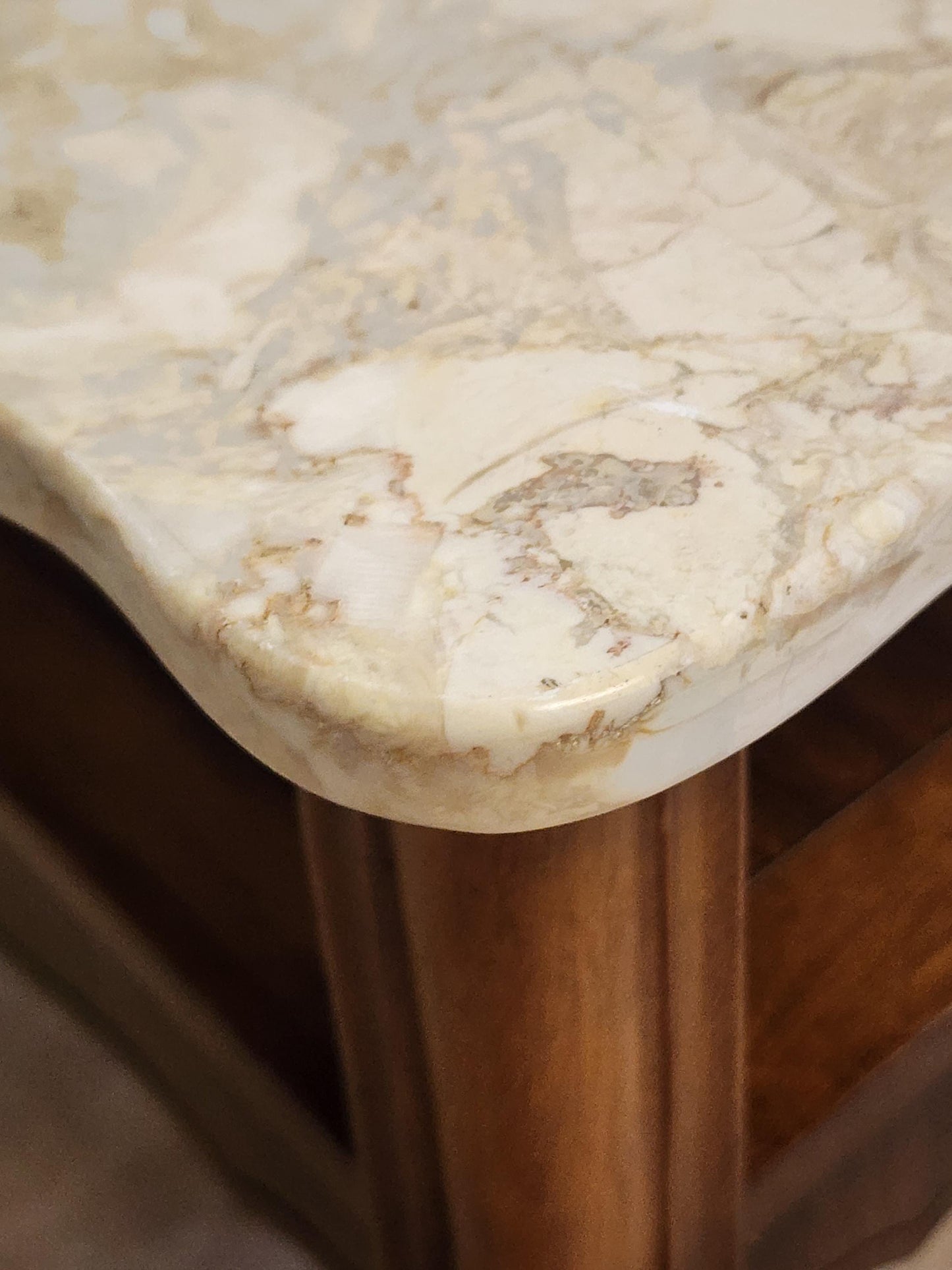 Pair French Provincial Marble Top Carved End Tables or Nightstands, French Style Vintage Portuguese Stone Top Pair Tables