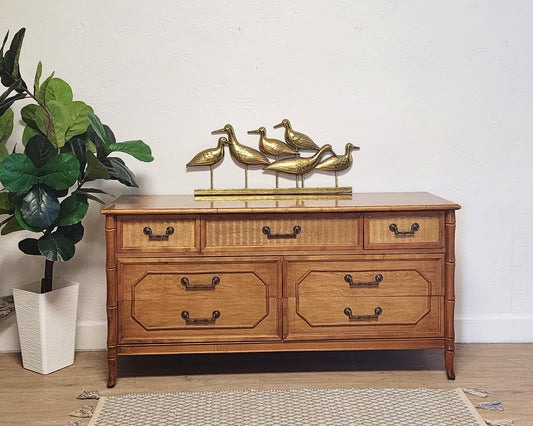 Vintage Faux Bamboo Dresser-Broyhill 7 Drawer Cane Console-Coastal Buffet-Palm Beach Boho-Custom Color Available