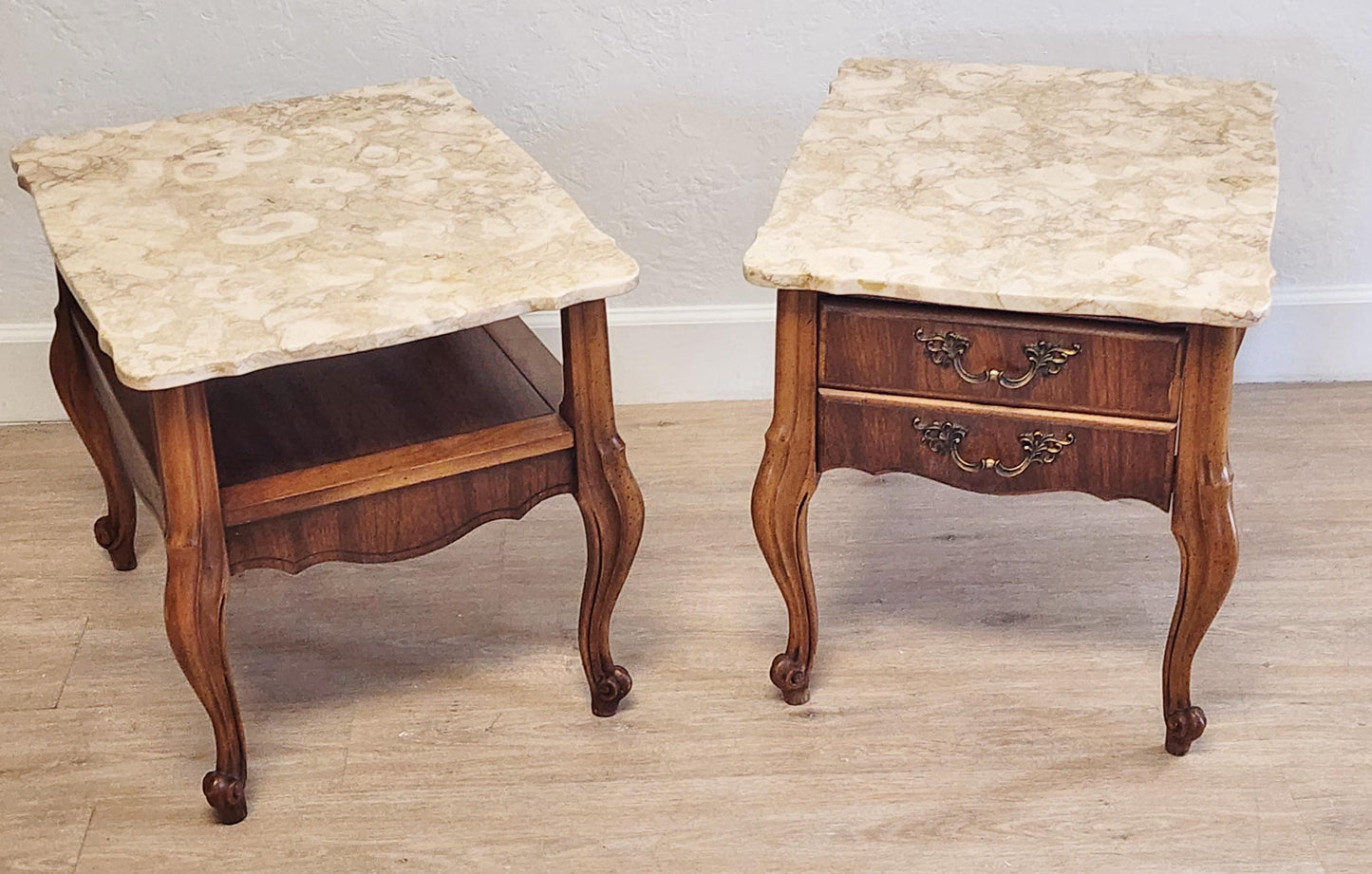 Pair French Provincial Marble Top Carved End Tables or Nightstands, French Style Vintage Portuguese Stone Top Pair Tables