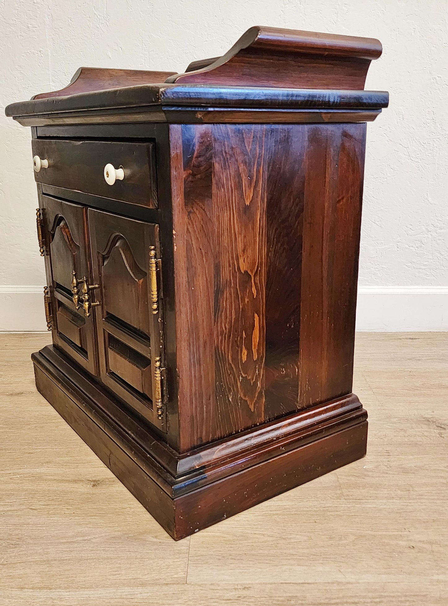 Pair Dark Pine Rustic Ethan Allen Side Tables-Farmhouse Tavern Storage Cabinets Nightstands