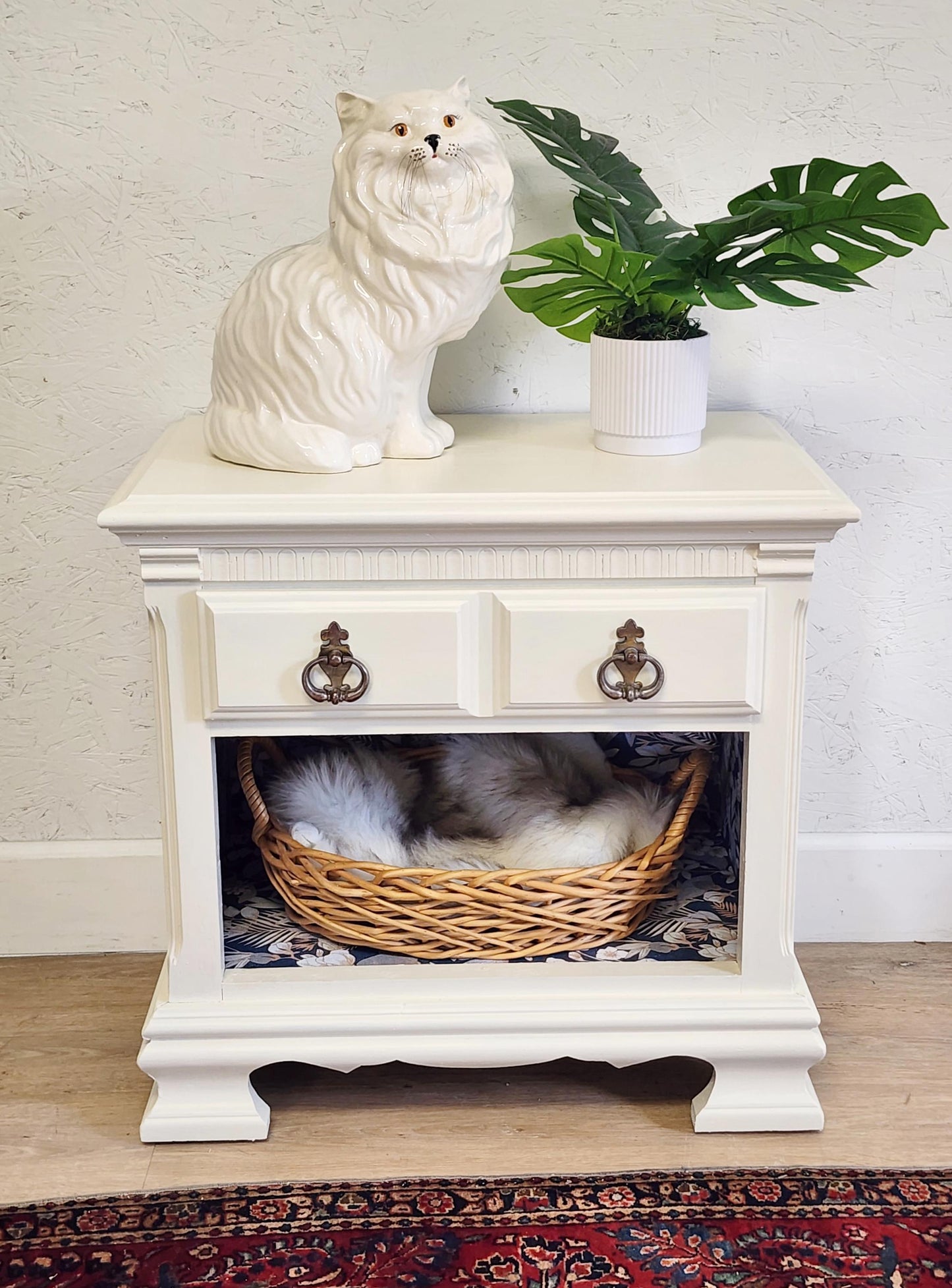 Cat Bed NIGHTSTAND, Upcycled Vintage White Pet Station, Farmhouse Storage End Table Nightstand