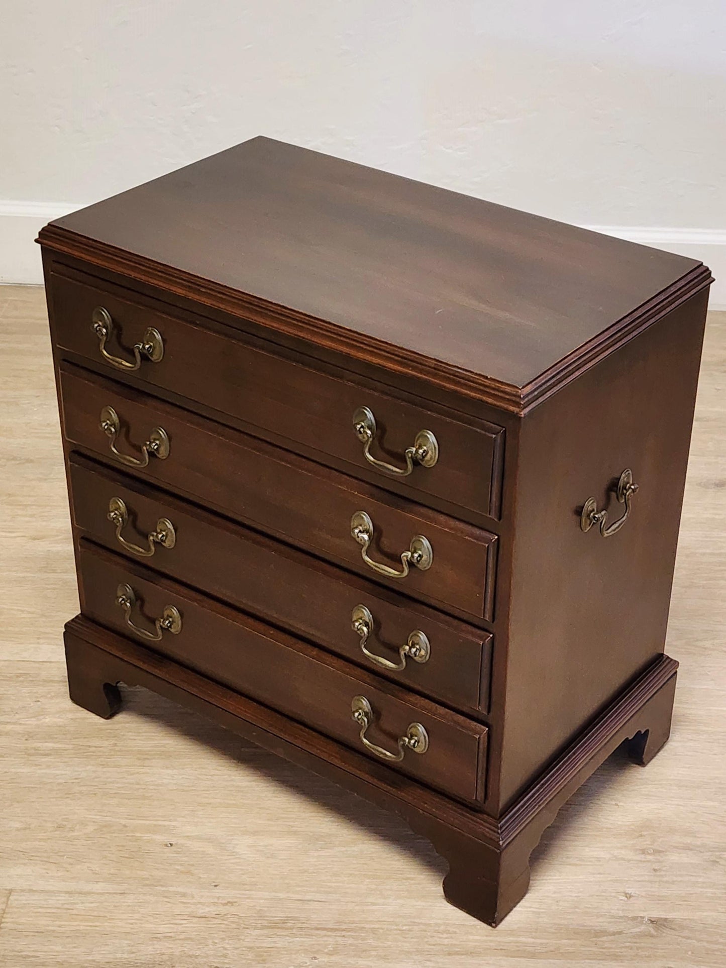 Petite Ethan Allen Georgian Bedside Chest-Traditional 4 Drawer Silver Chest, Nightstand With Brass Handles, Chairside End Table 11-3005