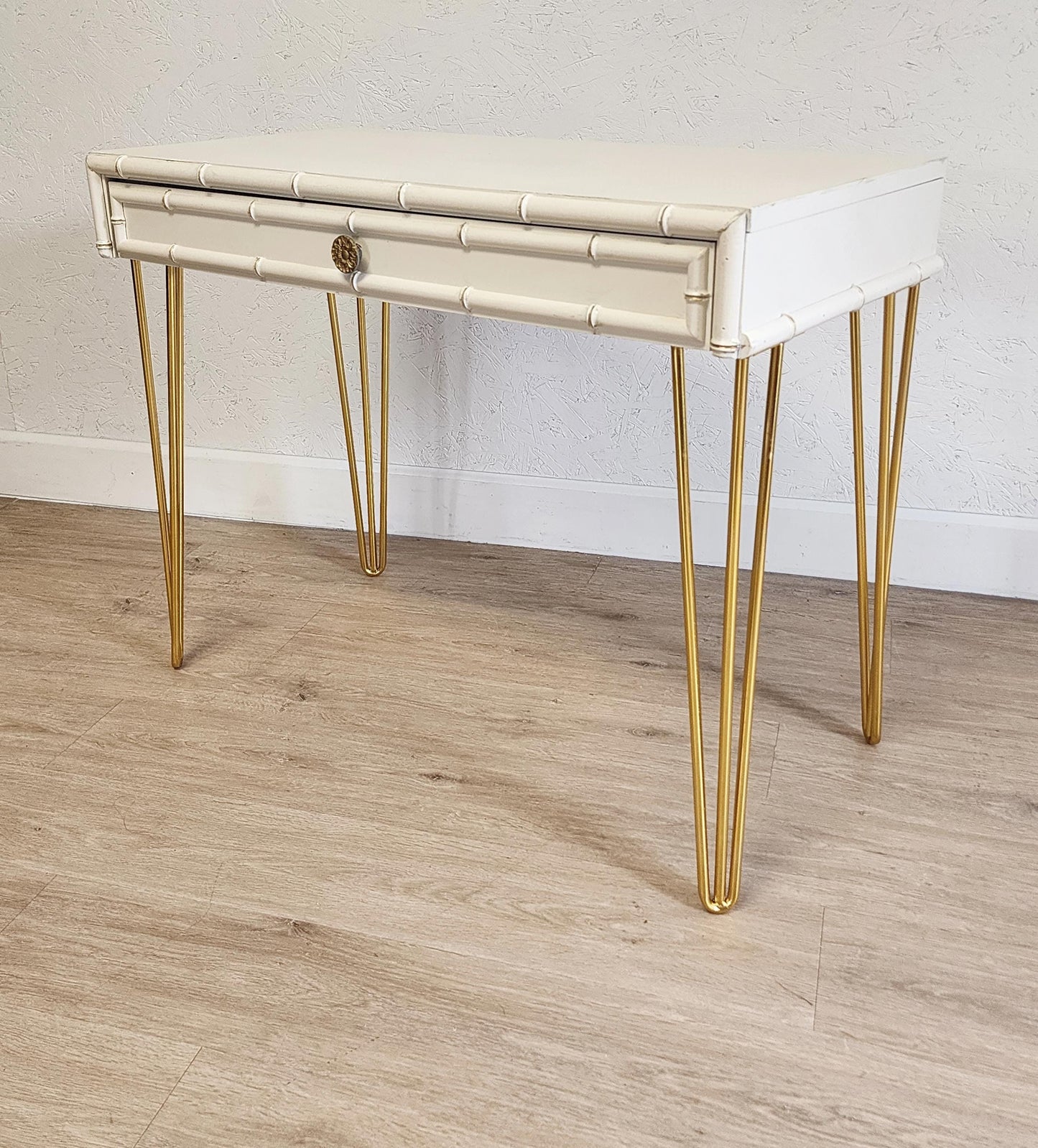 Dixie Aloha Writing Desk, Upcycled Dixie Faux Bamboo & Gold Desk Chair Set, MCM Hairpin Bamboo Console Desk, Hollywood Regency Vanity Desk