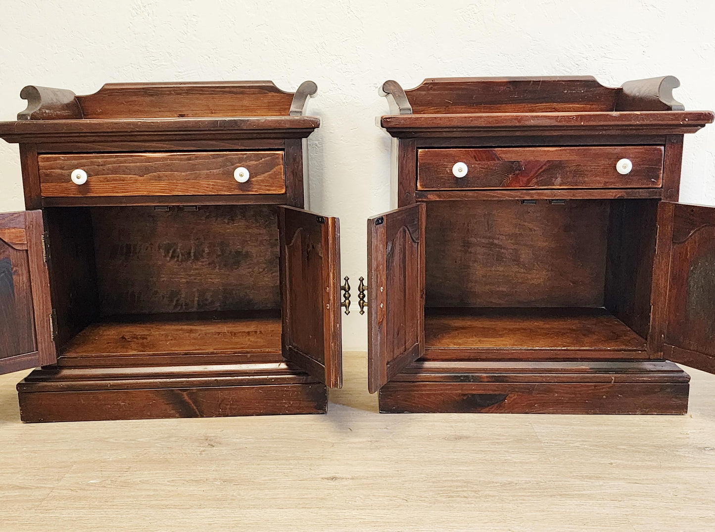 Pair Dark Pine Rustic Ethan Allen Side Tables-Farmhouse Tavern Storage Cabinets Nightstands