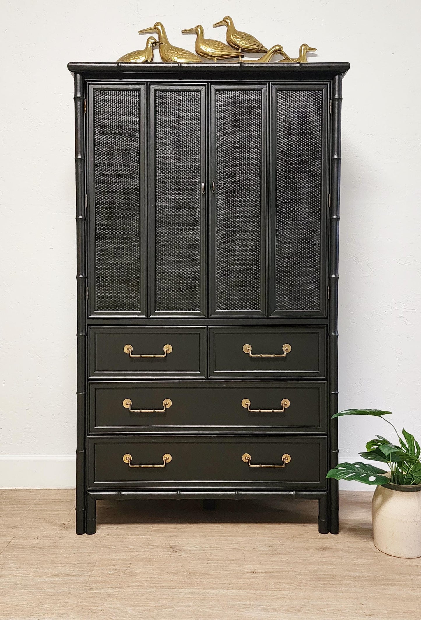 black painted bamboo armoire
