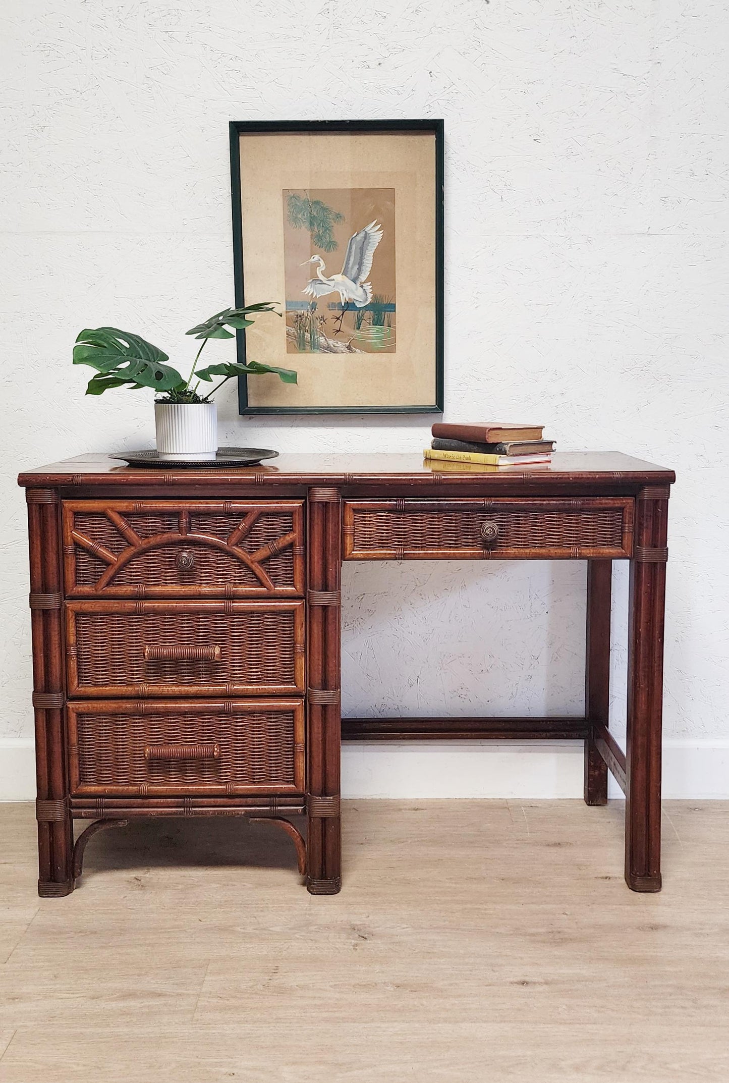 HENRY LINK Wicker Rattan Sunburst DESK & Chair-Palm Beach Starburst Coastal Desk