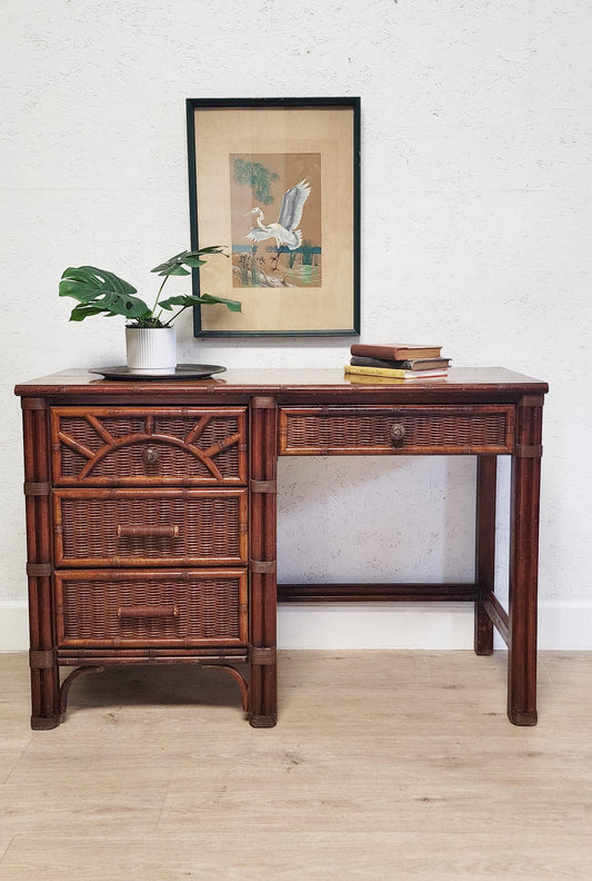 HENRY LINK Wicker Rattan Sunburst DESK & Chair-Palm Beach Starburst Coastal Desk