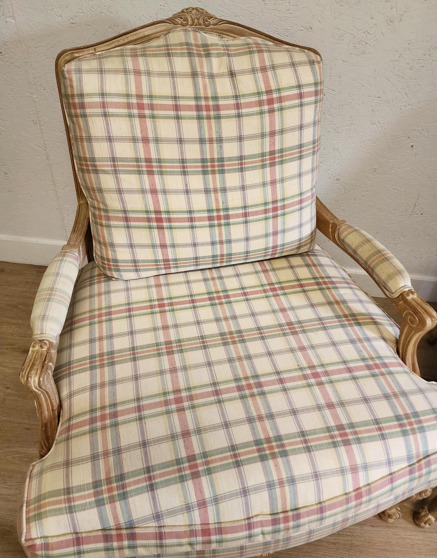 Pair Vintage Sherrill French Country Style Bergere Chairs-Carved Washed Wood Armchairs-For Reupholstering