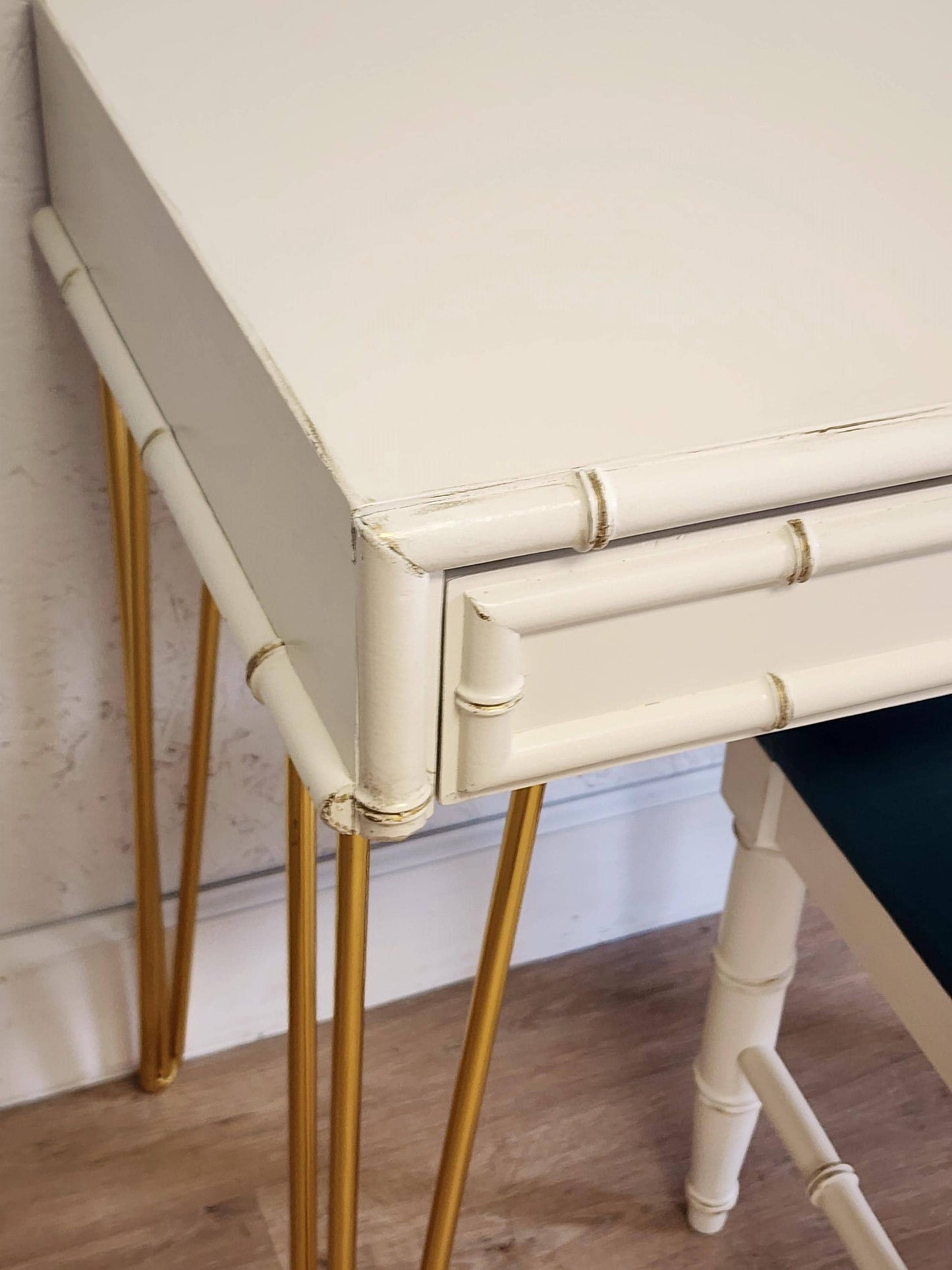 Dixie Aloha Writing Desk, Upcycled Dixie Faux Bamboo & Gold Desk Chair Set, MCM Hairpin Bamboo Console Desk, Hollywood Regency Vanity Desk