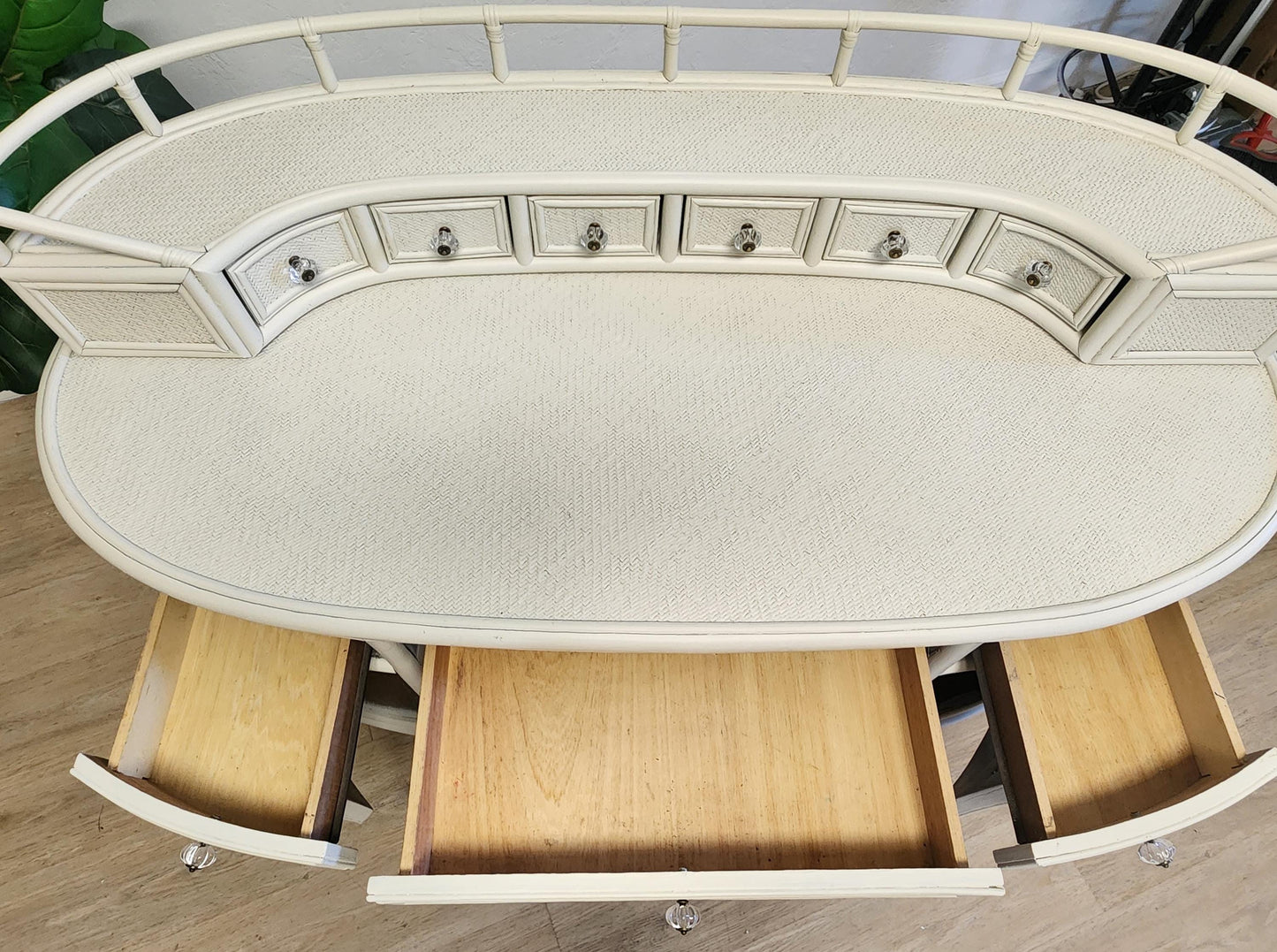 Vintage White Rattan Oval Desk-Palm Beach Refreshed Wicker Cane Bentwood Galleried Floatable Desk & Chair
