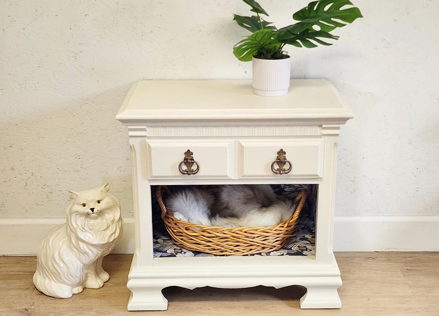 Cat Bed NIGHTSTAND, Upcycled Vintage White Pet Station, Farmhouse Storage End Table Nightstand