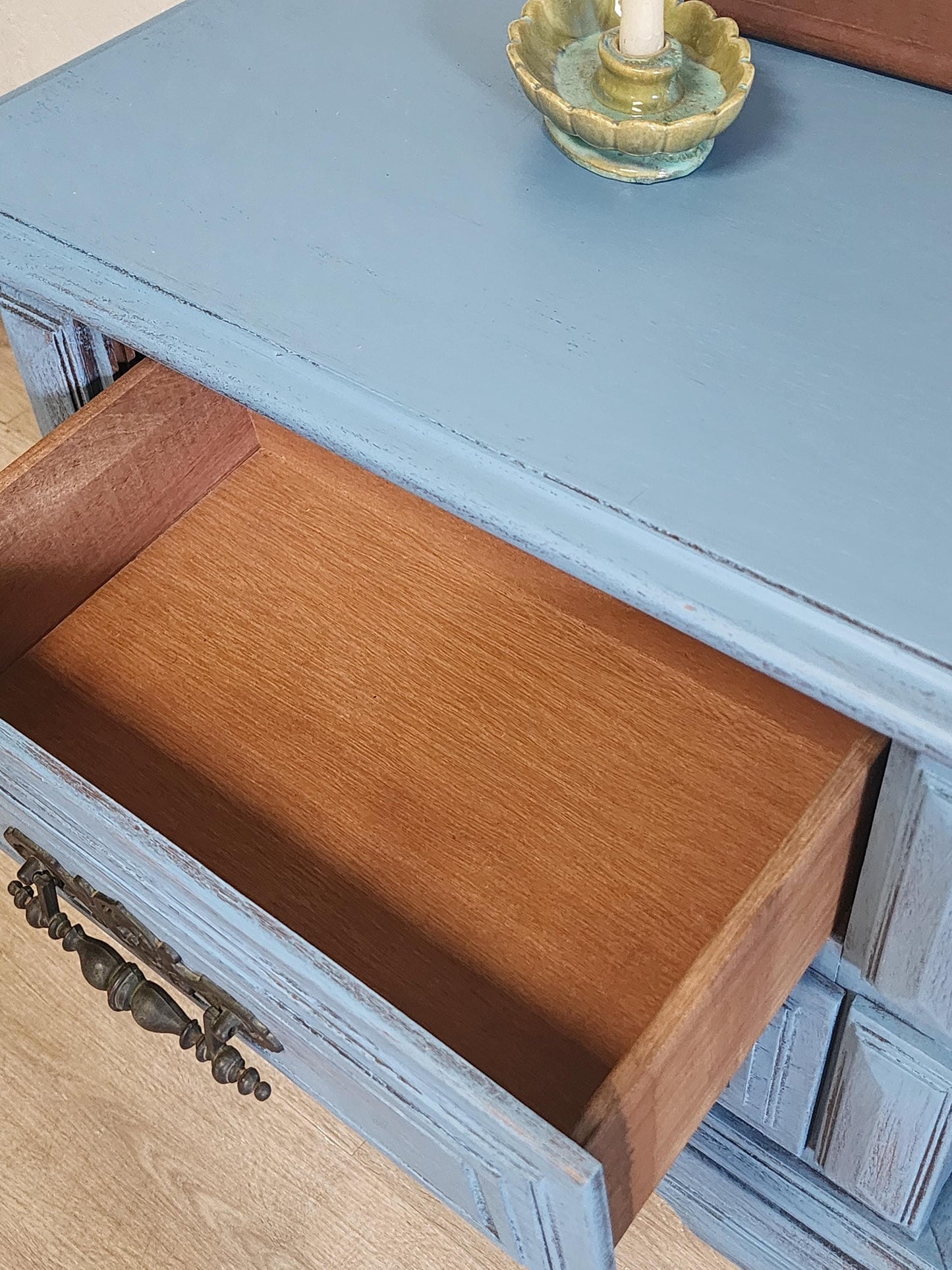 Rustic Blue Pair Nightstands-Farmhouse Shabby Painted End Tables-Primitive Painted Aged 2 Drawer Chest Set