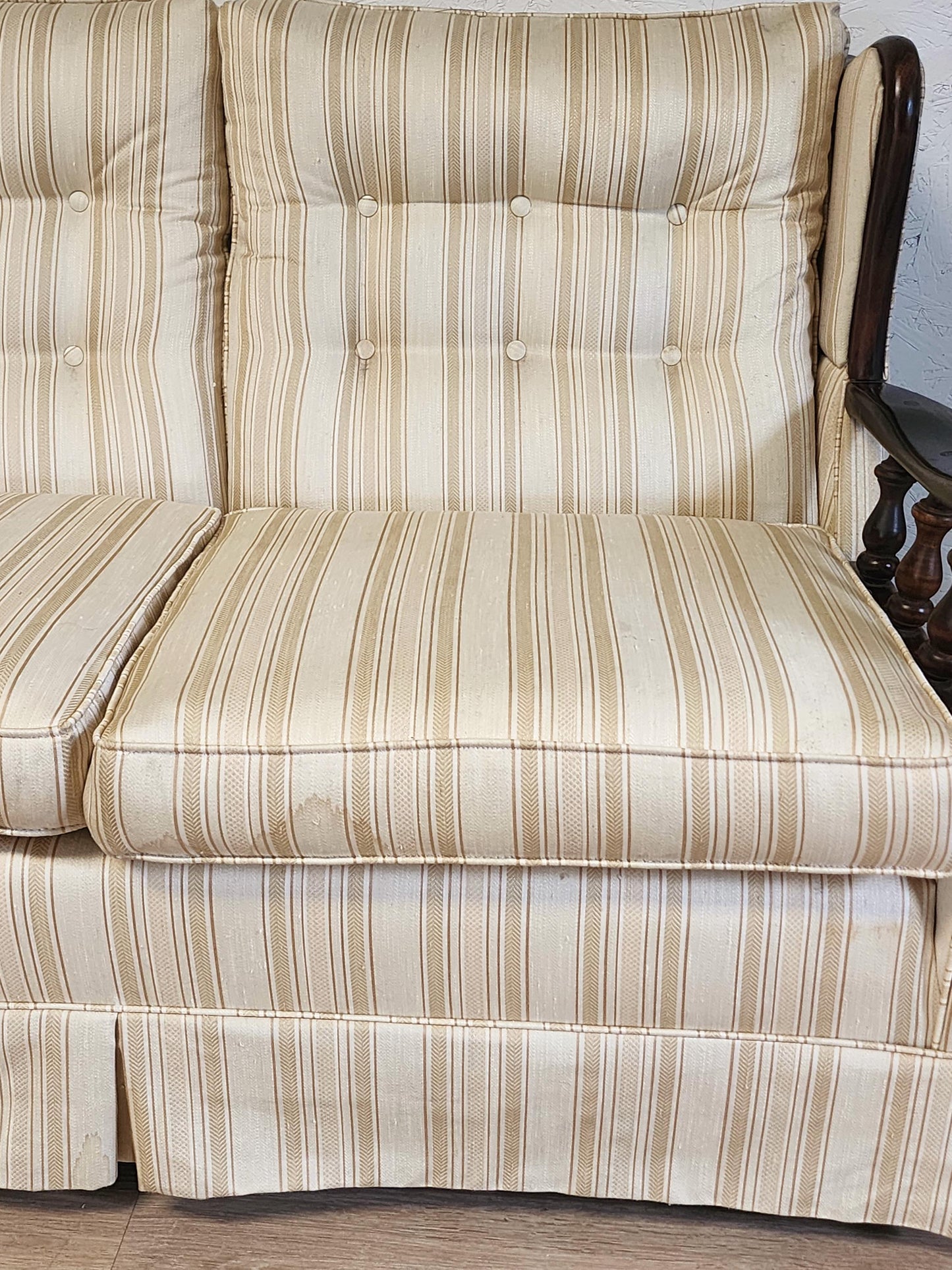 Vintage Dark Wood Sofa or Armchair-Ethan Allen Style 1970's Wood & Skirted Pinstripe Couch /  Wood Frame Retro Chair Livingroom Set