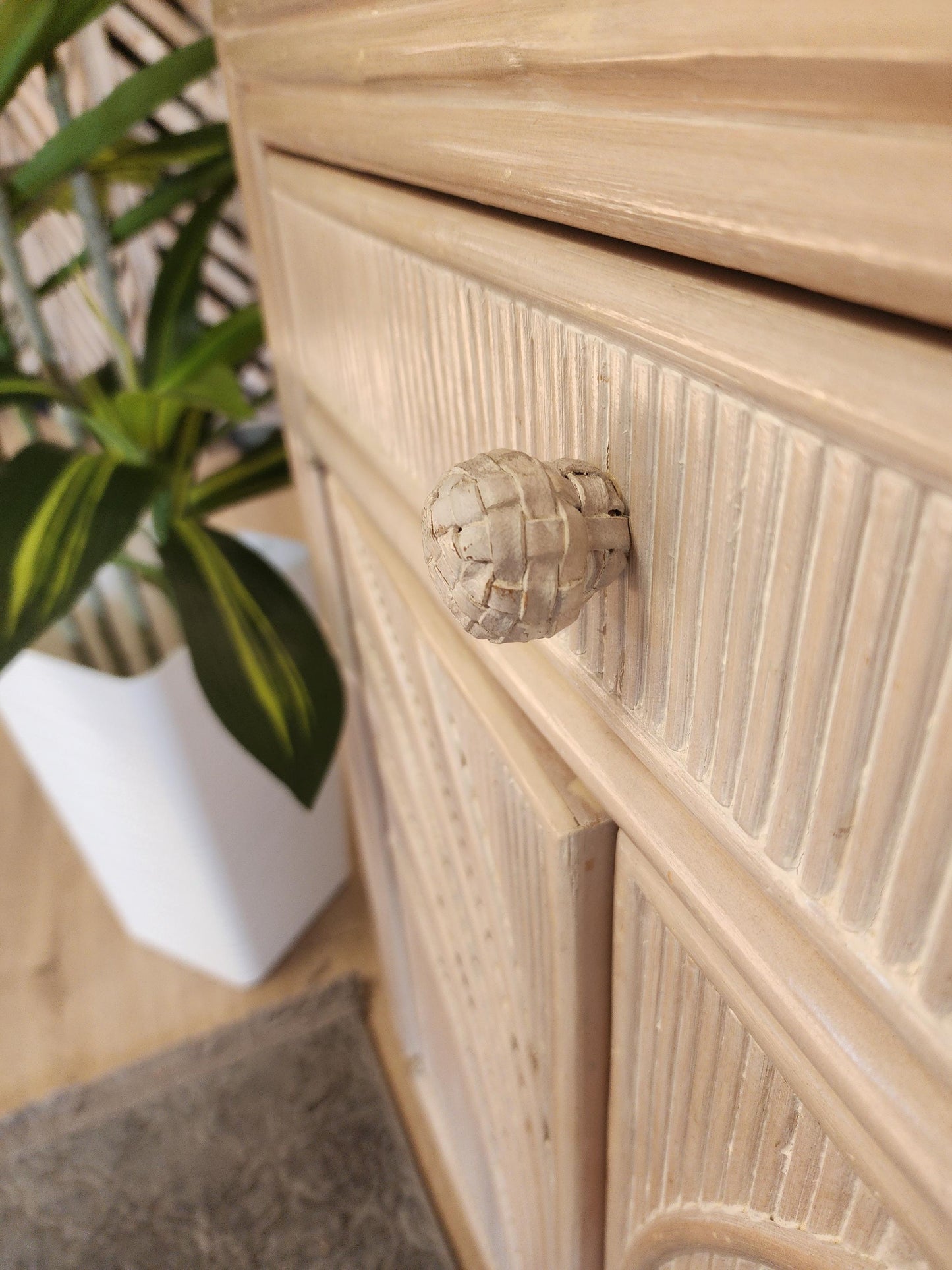 Palm Beach Regency Whitewash Split Reed Cabinet-Rattan Pencil Reed Pale Coastal Storage Console-Tropical Dresser, Bar