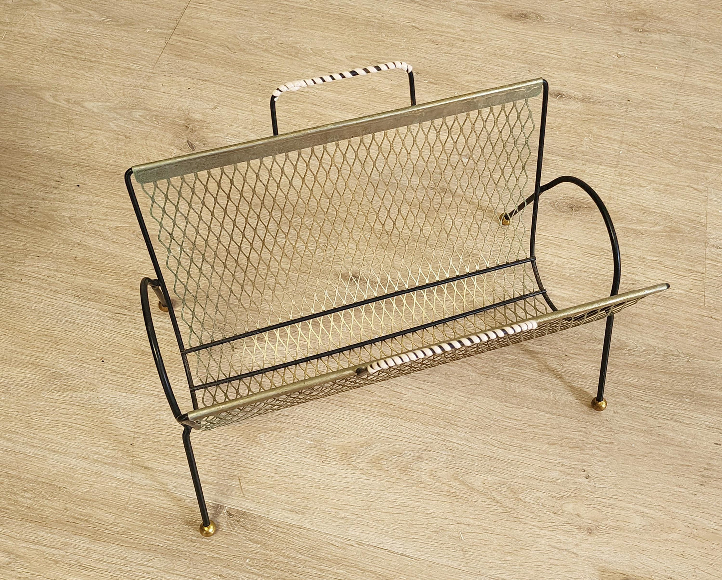 Vintage Gold Mesh Magazine Rack-MCM Black Gilt Wire Ball Foot Floor Basket-Retro Vinyl Album Storage Holder