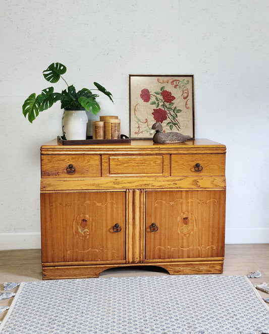 Antique Farmhouse Tulip Server Cabinet | Meier & Pohlmann Inlaid Wood Primitive Style Buffet Sideboard Linen Cabinet