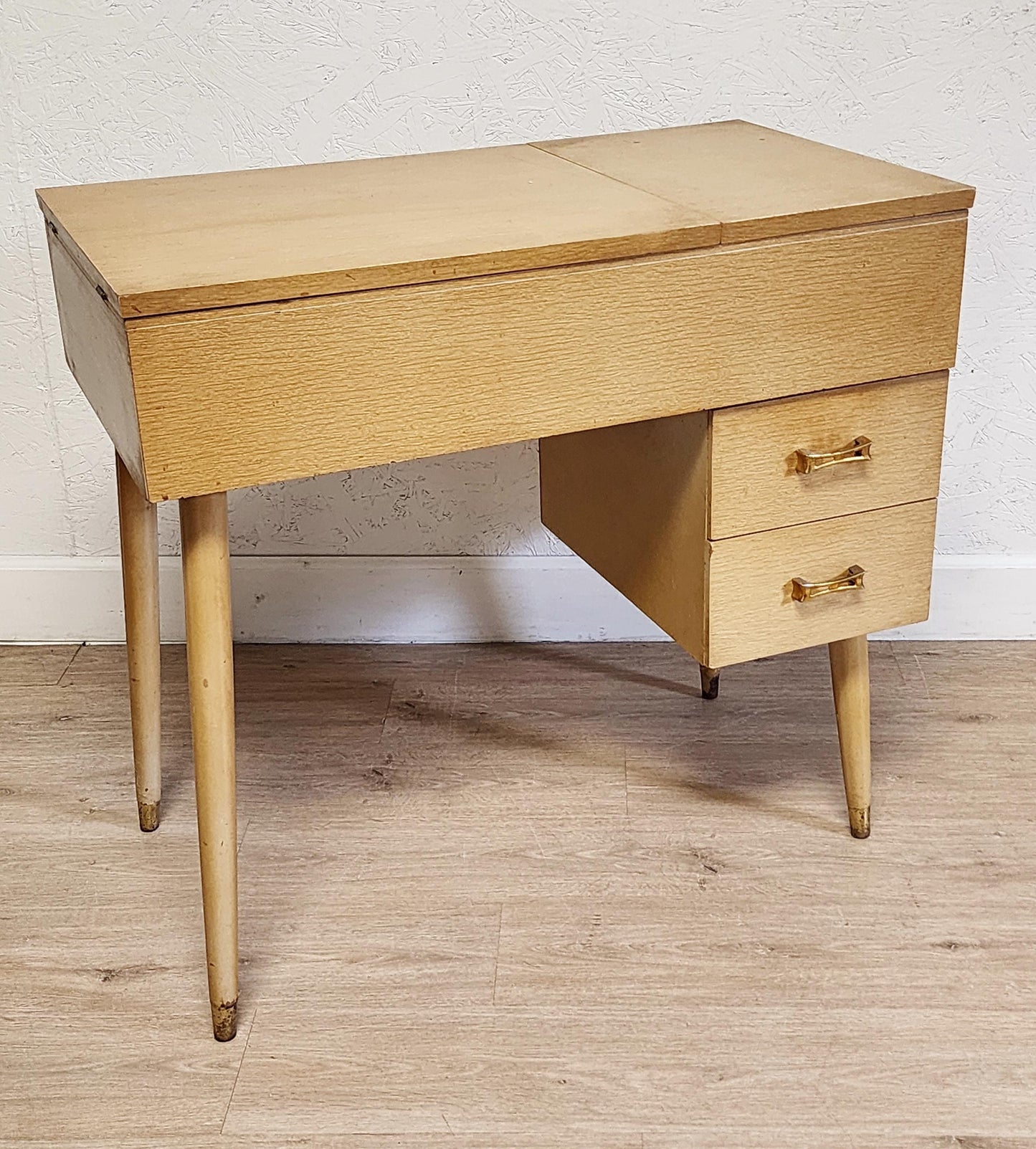 Blonde MCM Sewing Machine Cabinet Only-Yellow Vintage Flip Top Vanity Sewing Craft Bar Table