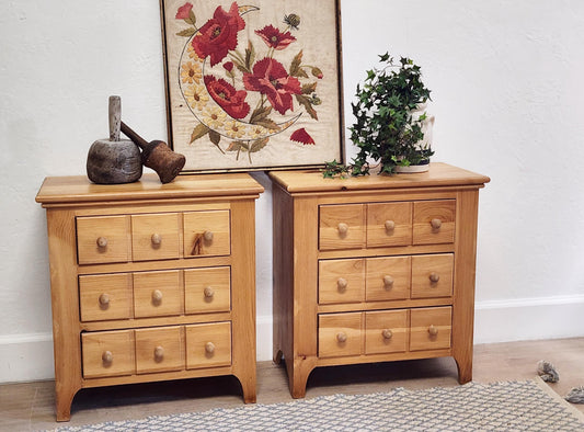 Pair Rustic Apothecary Style End Tables-Narrow Farmhouse Pine Nightstands-Customizable-3 Drawer Cottage Solid Wood Tables