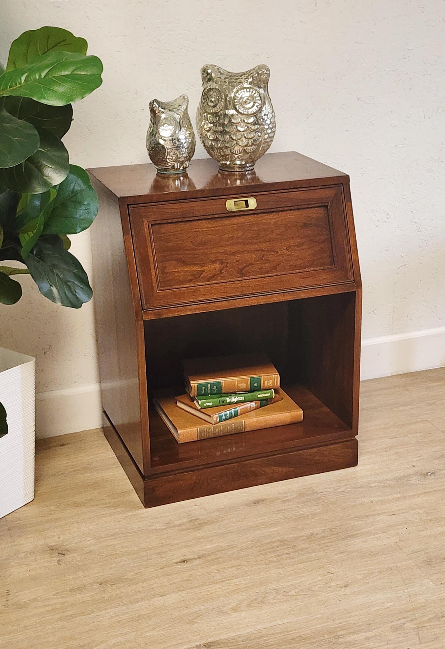 Ethan Allen Campaign Nightstand-Brass & Cherry Vintage Slant Front Campaign Storage End Table Night Stand-27-5116