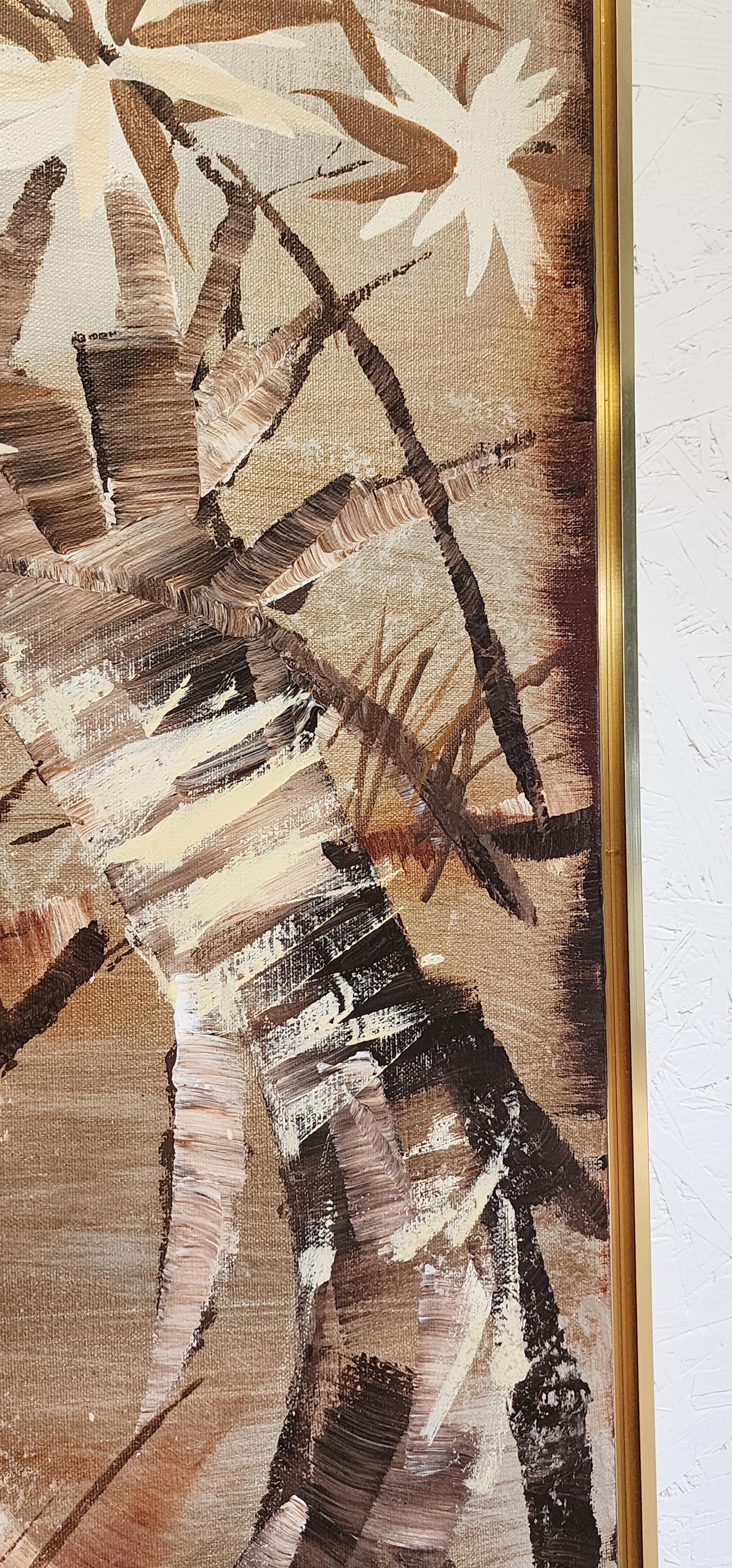 LEE Reynolds Birds w/ Bamboo  MCM Vanguard Studios Asian Nature LARGE Vertical Painting, Earth Tones Vintage Reynolds