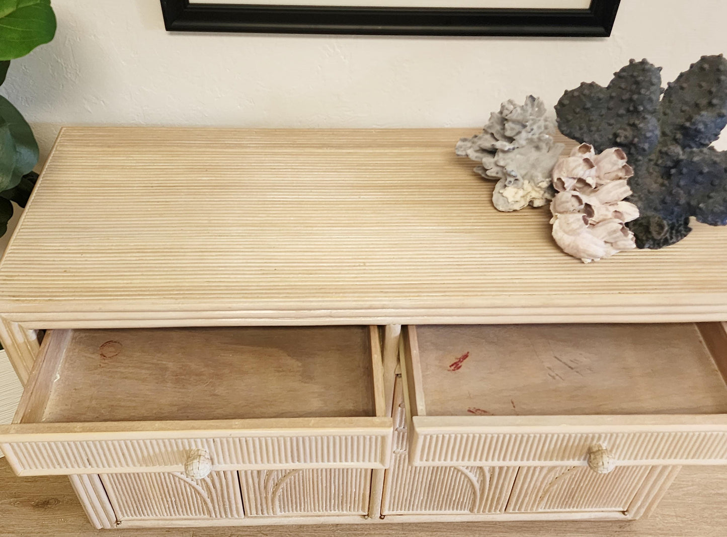 Palm Beach Regency Whitewash Split Reed Cabinet-Rattan Pencil Reed Pale Coastal Storage Console-Tropical Dresser, Bar