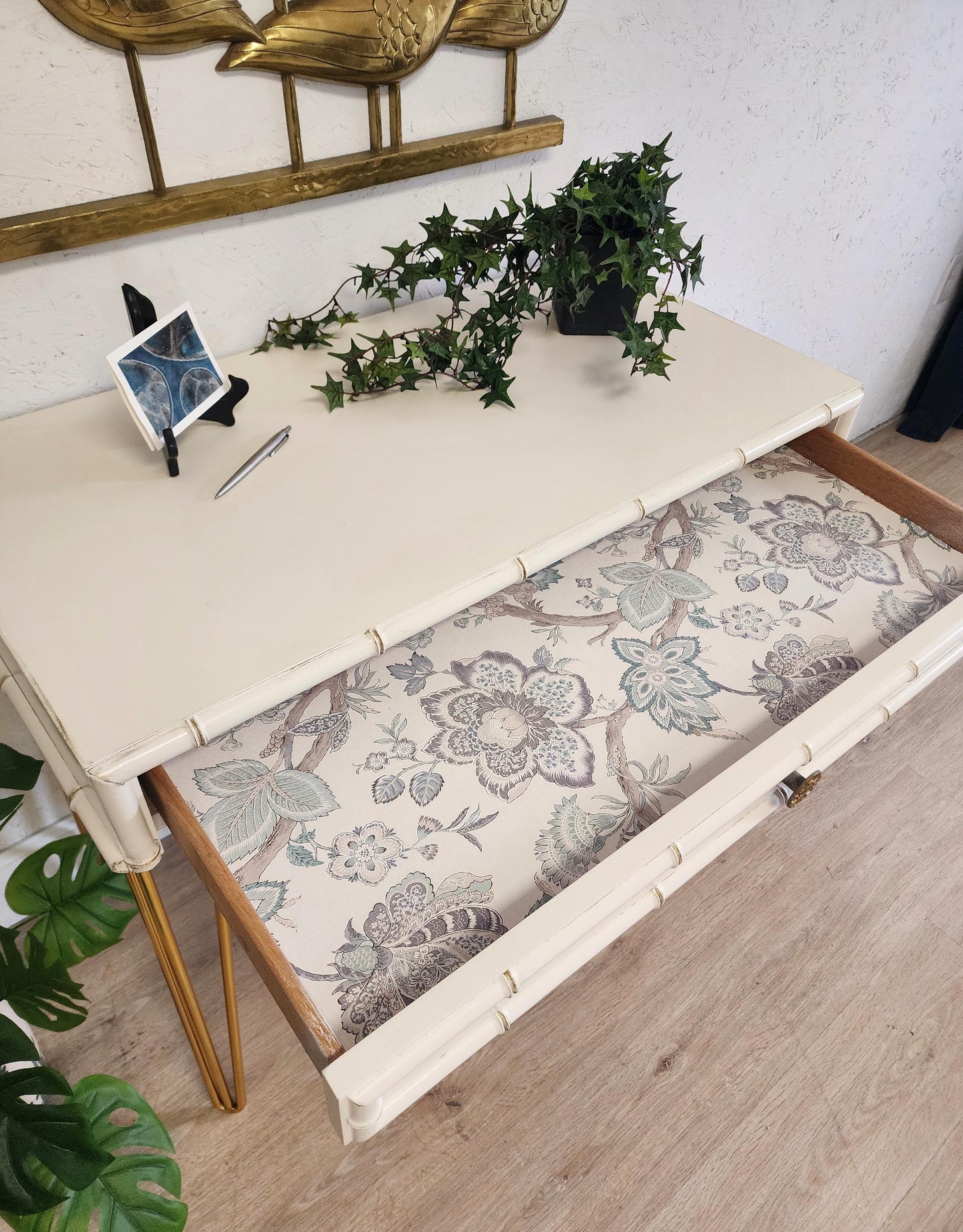 Dixie Aloha Writing Desk, Upcycled Dixie Faux Bamboo & Gold Desk Chair Set, MCM Hairpin Bamboo Console Desk, Hollywood Regency Vanity Desk