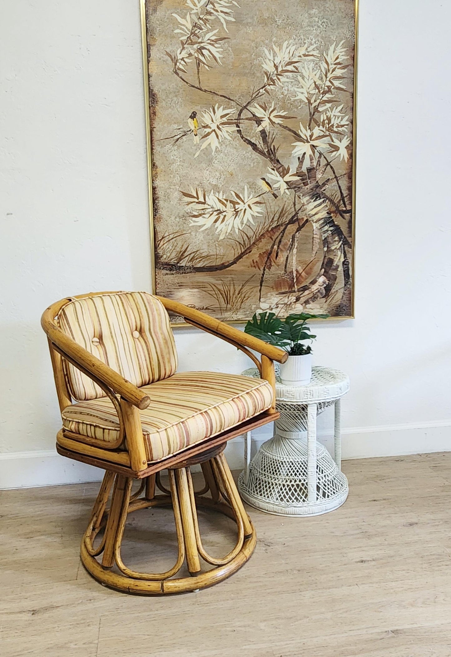 Vintage Tiki Rattan Swivel Chairs-Pair Bent Rattan Coastal Side Chairs-Boho Retro Bentwood Seats