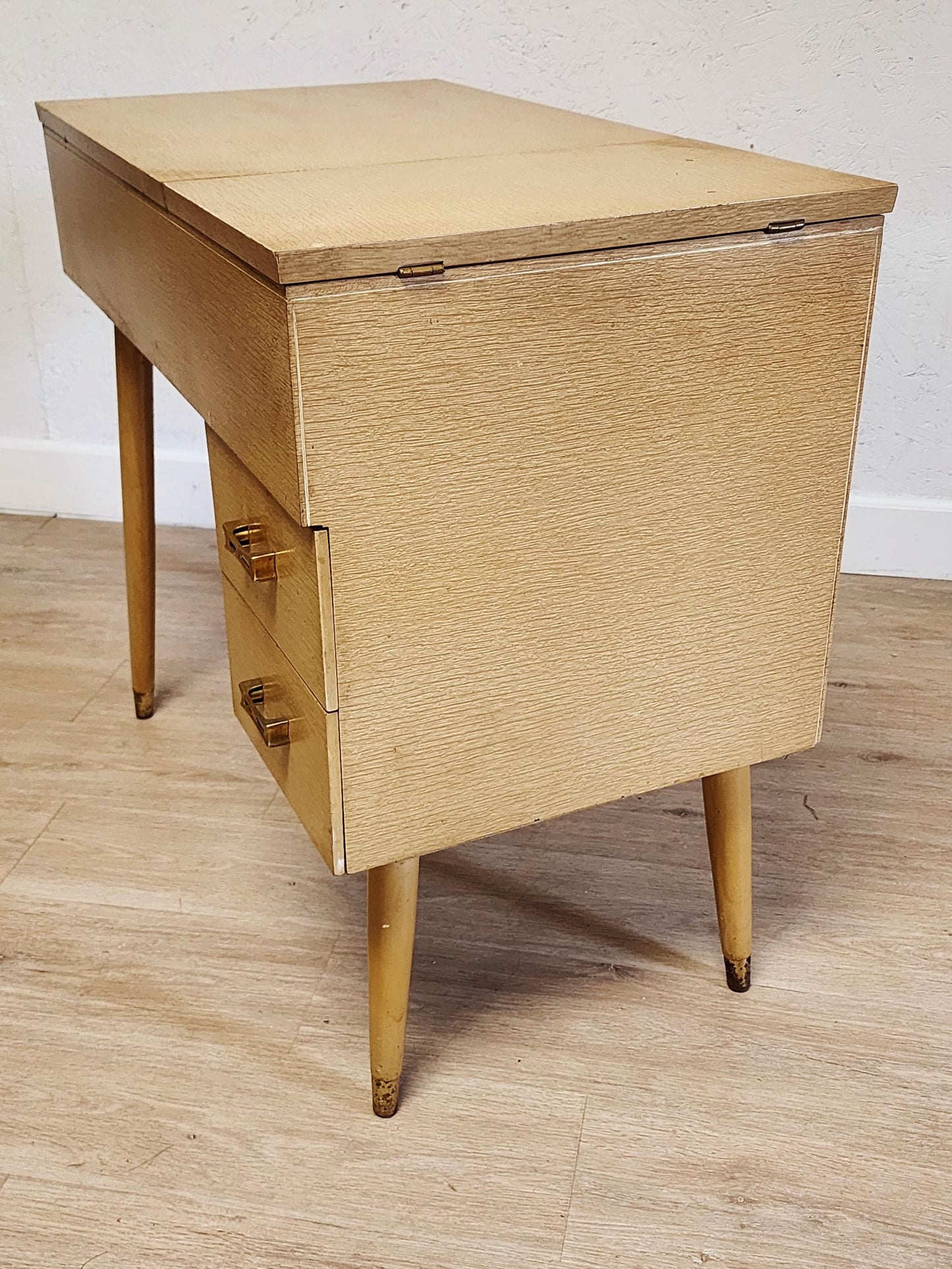 Blonde MCM Sewing Machine Cabinet Only-Yellow Vintage Flip Top Vanity Sewing Craft Bar Table