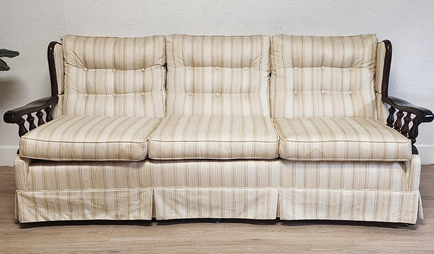 Vintage Dark Wood Sofa or Armchair-Ethan Allen Style 1970's Wood & Skirted Pinstripe Couch /  Wood Frame Retro Chair Livingroom Set