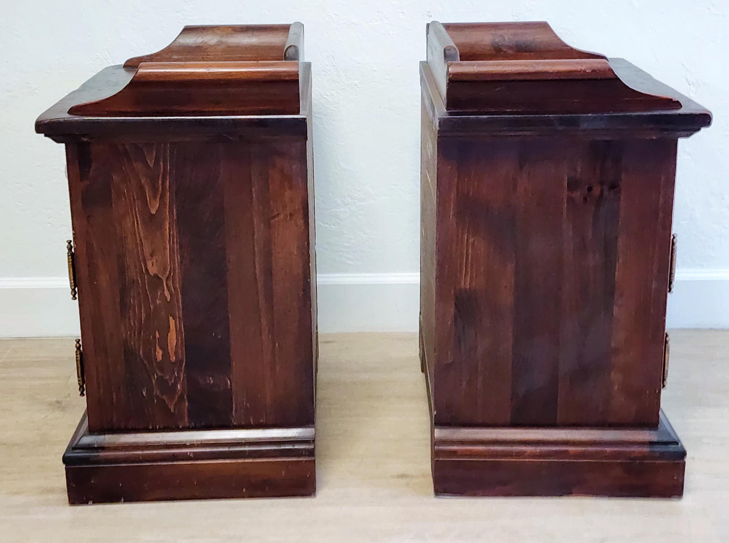 Pair Dark Pine Rustic Ethan Allen Side Tables-Farmhouse Tavern Storage Cabinets Nightstands