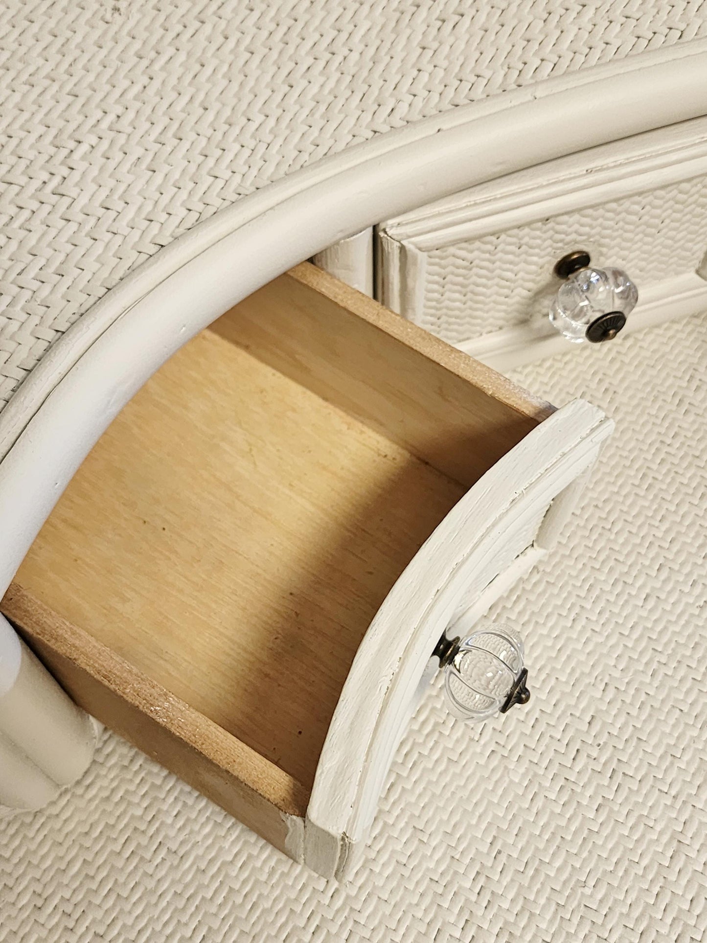 Vintage White Rattan Oval Desk-Palm Beach Refreshed Wicker Cane Bentwood Galleried Floatable Desk & Chair