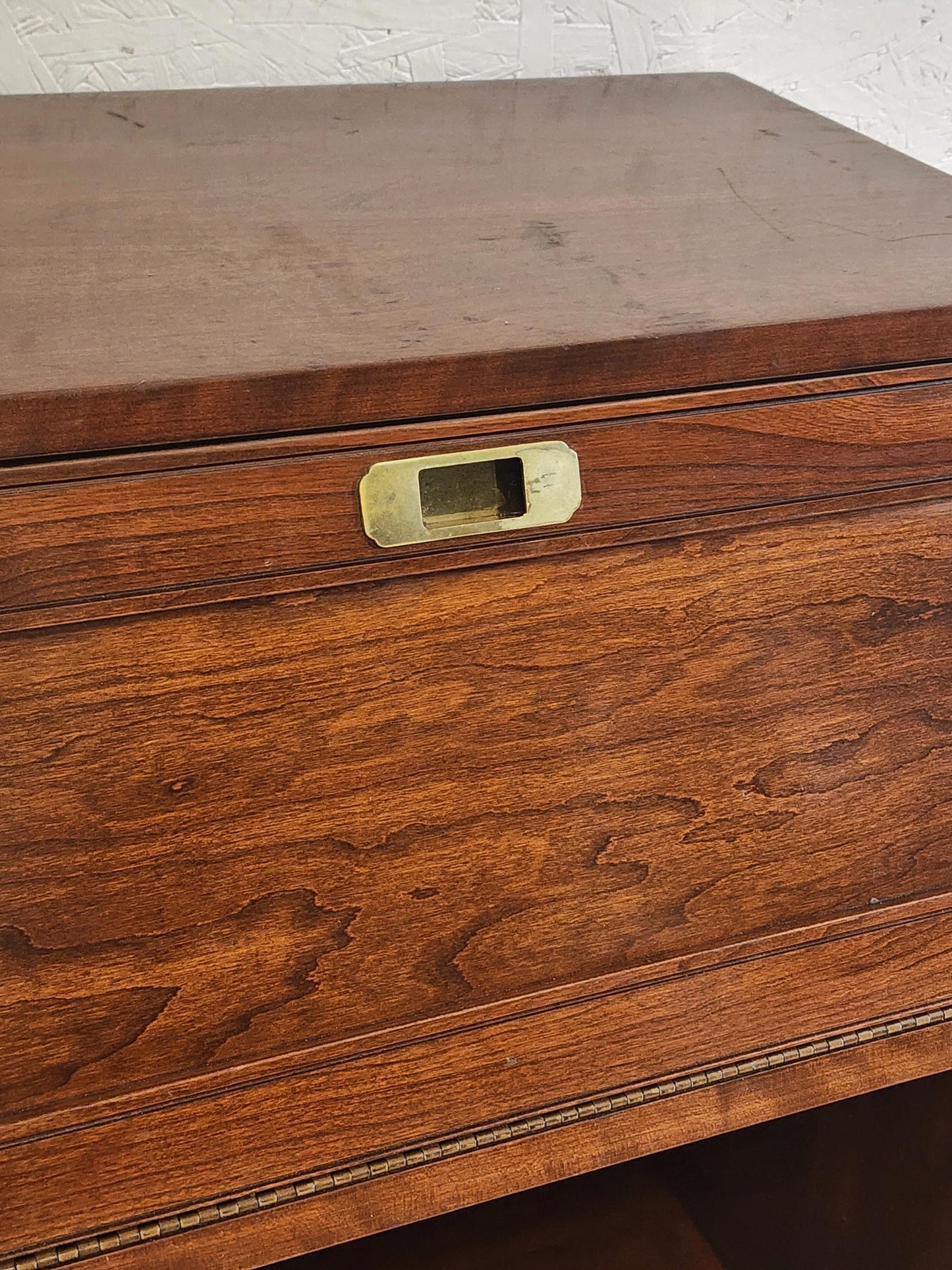 Ethan Allen Campaign Nightstand-Brass & Cherry Vintage Slant Front Campaign Storage End Table Night Stand-27-5116