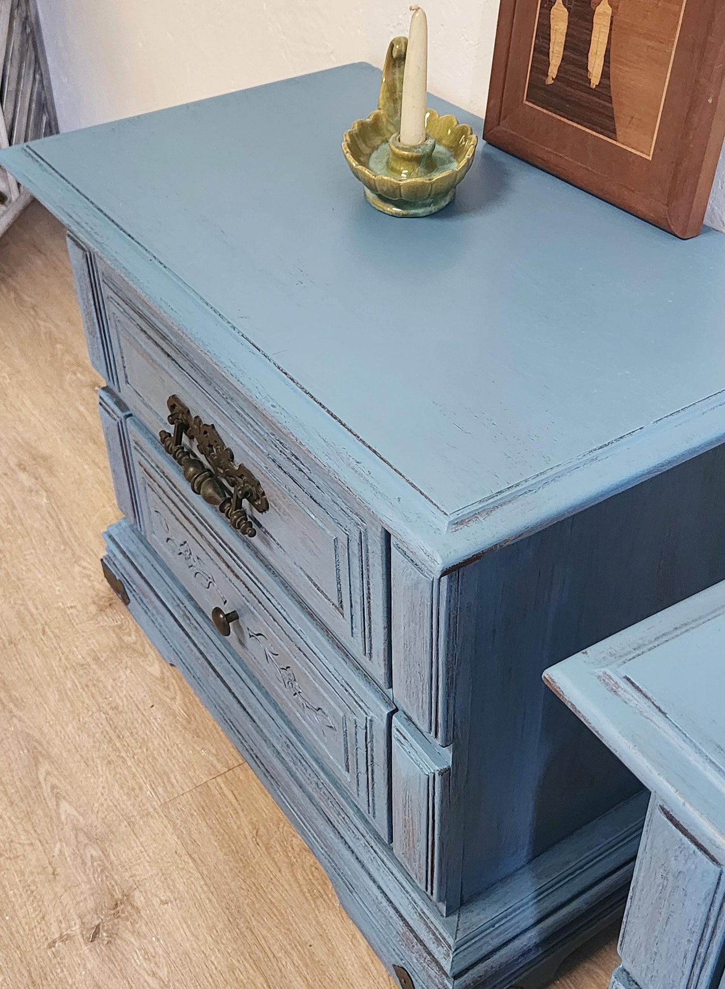Rustic Blue Pair Nightstands-Farmhouse Shabby Painted End Tables-Primitive Painted Aged 2 Drawer Chest Set