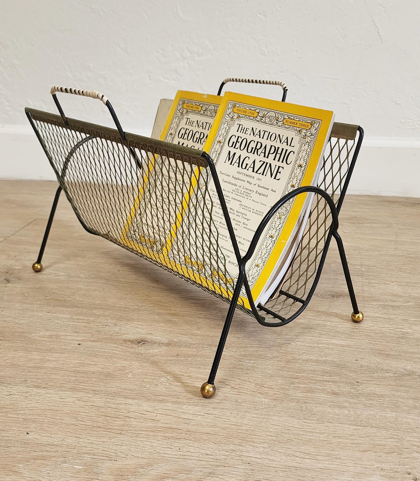 Vintage Gold Mesh Magazine Rack-MCM Black Gilt Wire Ball Foot Floor Basket-Retro Vinyl Album Storage Holder