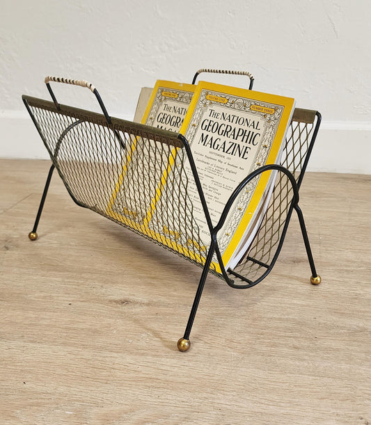 Vintage Gold Mesh Magazine Rack-MCM Black Gilt Wire Ball Foot Floor Basket-Retro Vinyl Album Storage Holder