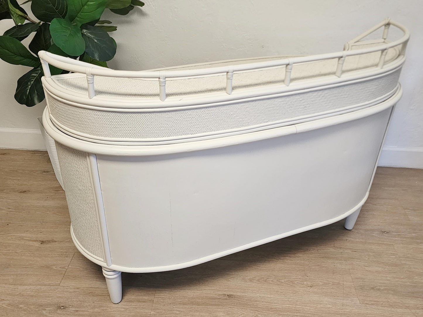 Vintage White Rattan Oval Desk-Palm Beach Refreshed Wicker Cane Bentwood Galleried Floatable Desk & Chair