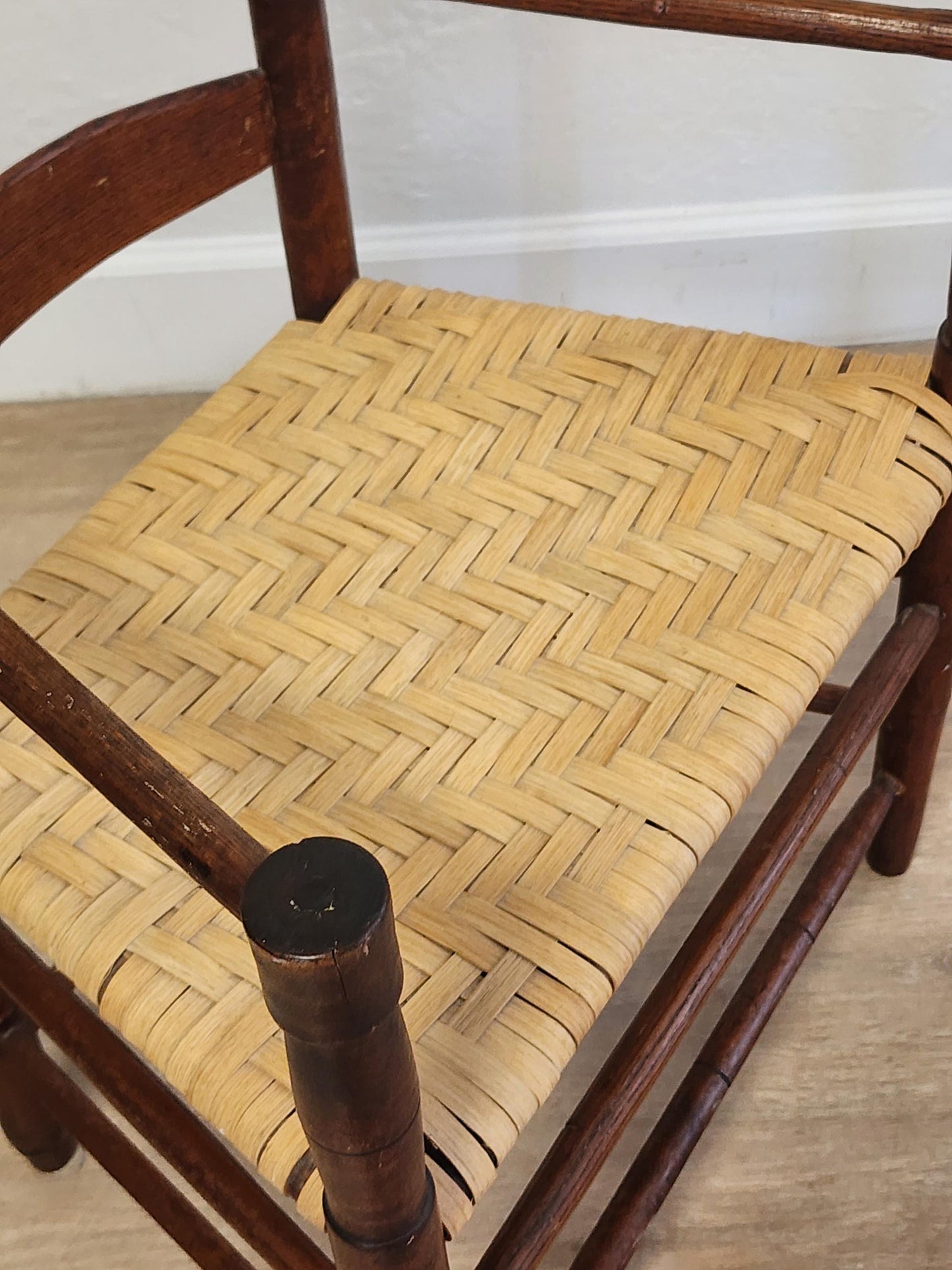 Pair Shaker Style Primitive Chairs-Antique Ladderback Low Farmhouse Flat Weave Splint Seat Elder Chairs