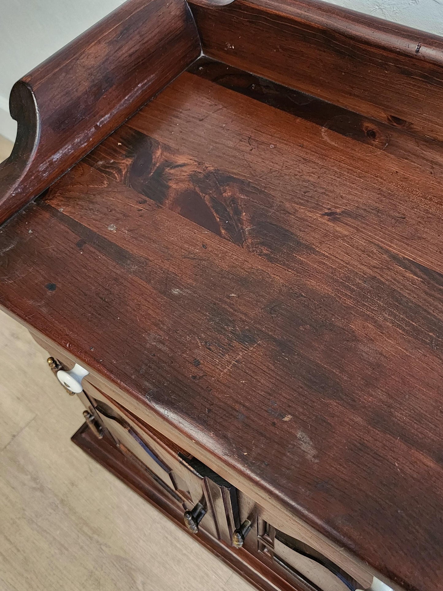 Pair Dark Pine Rustic Ethan Allen Side Tables-Farmhouse Tavern Storage Cabinets Nightstands